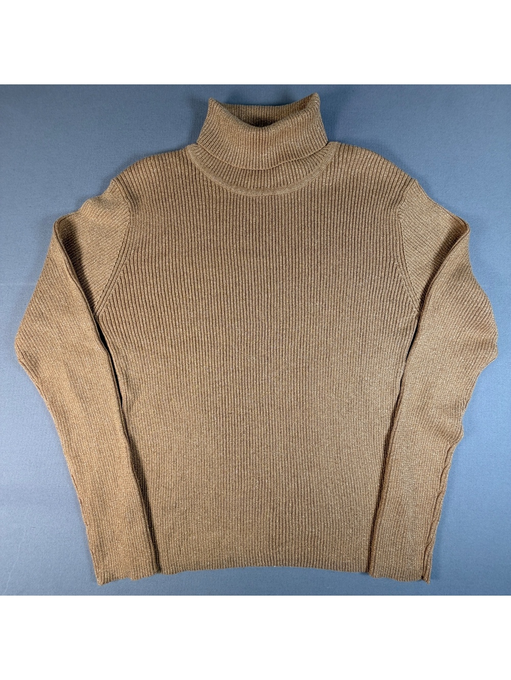 VTG Faded Glory Turtleneck Sweater Womens XL Brown Lurex Shimmer Ribbed Knit
